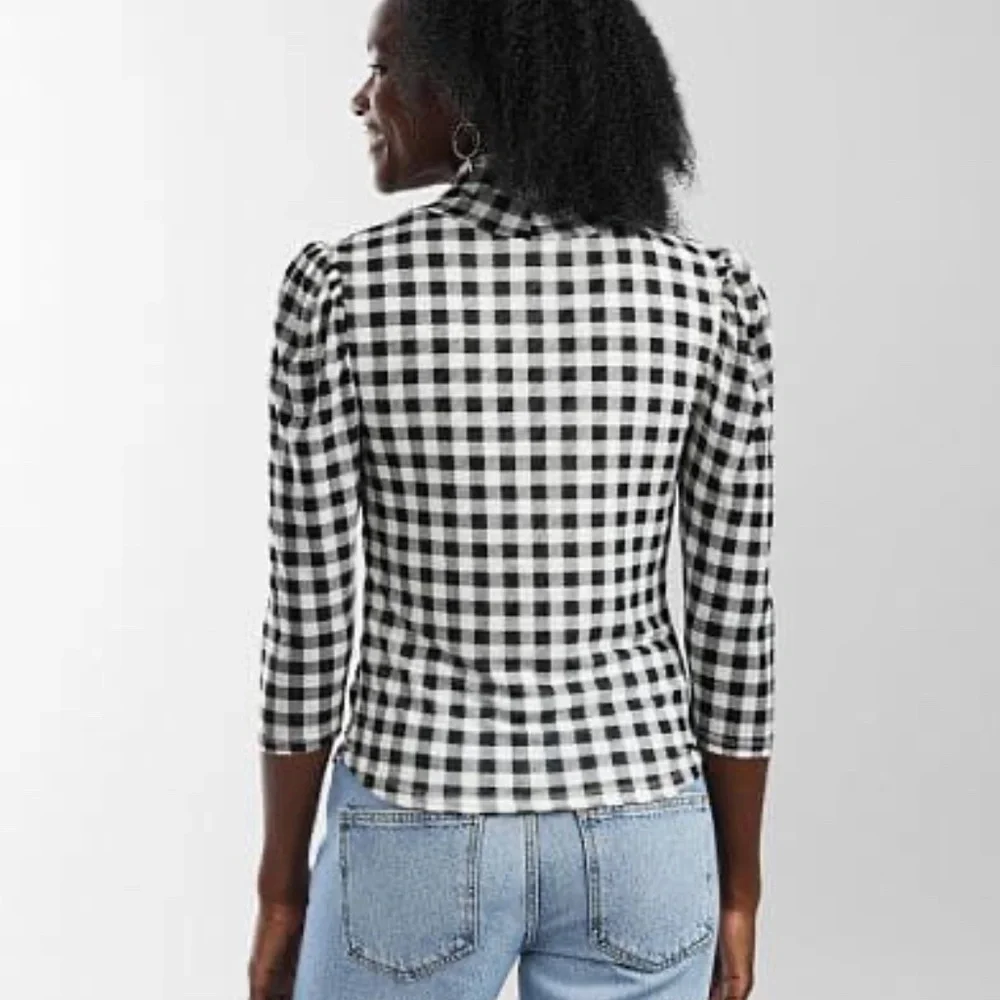 Free People Gather Turtleneck Top Black Combo Gingham Mesh Puff Sleeve M NWT - Picture 3 of 14